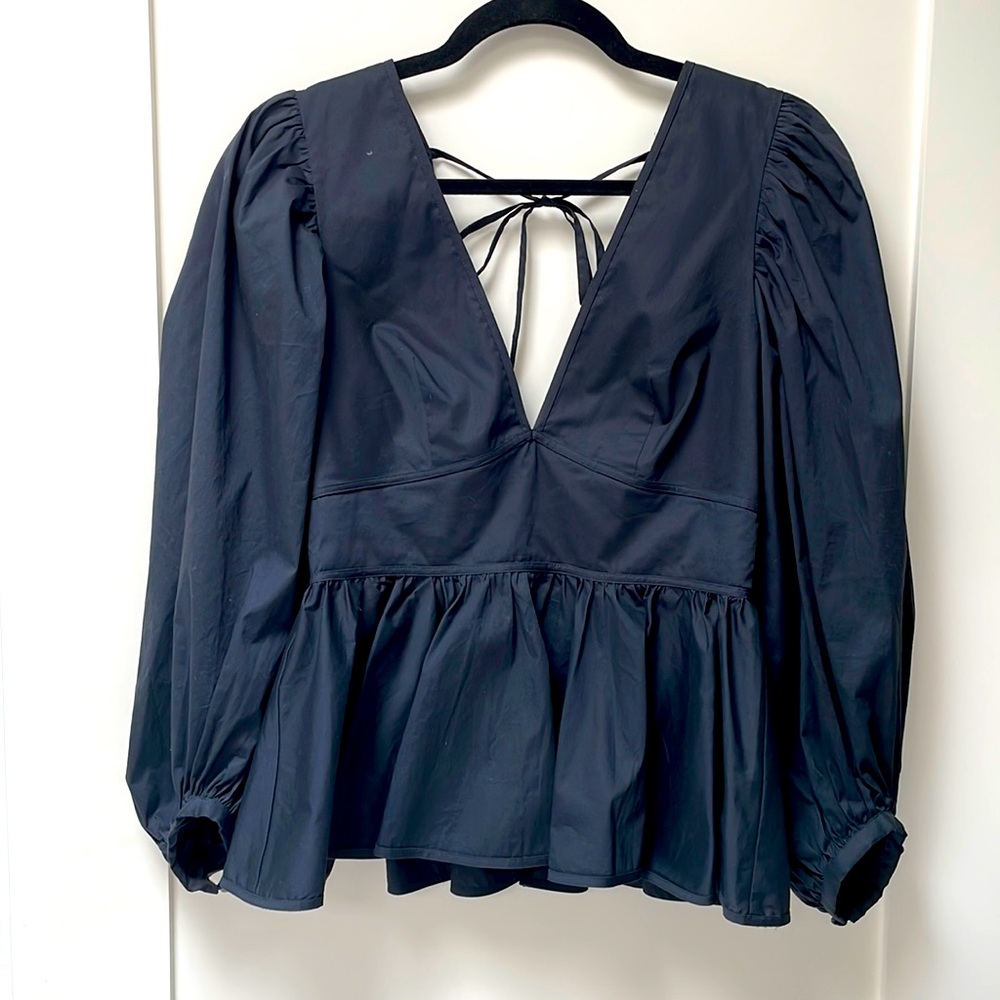 STAUD Luna Top- Backless poplin vneck balloon sleeve top